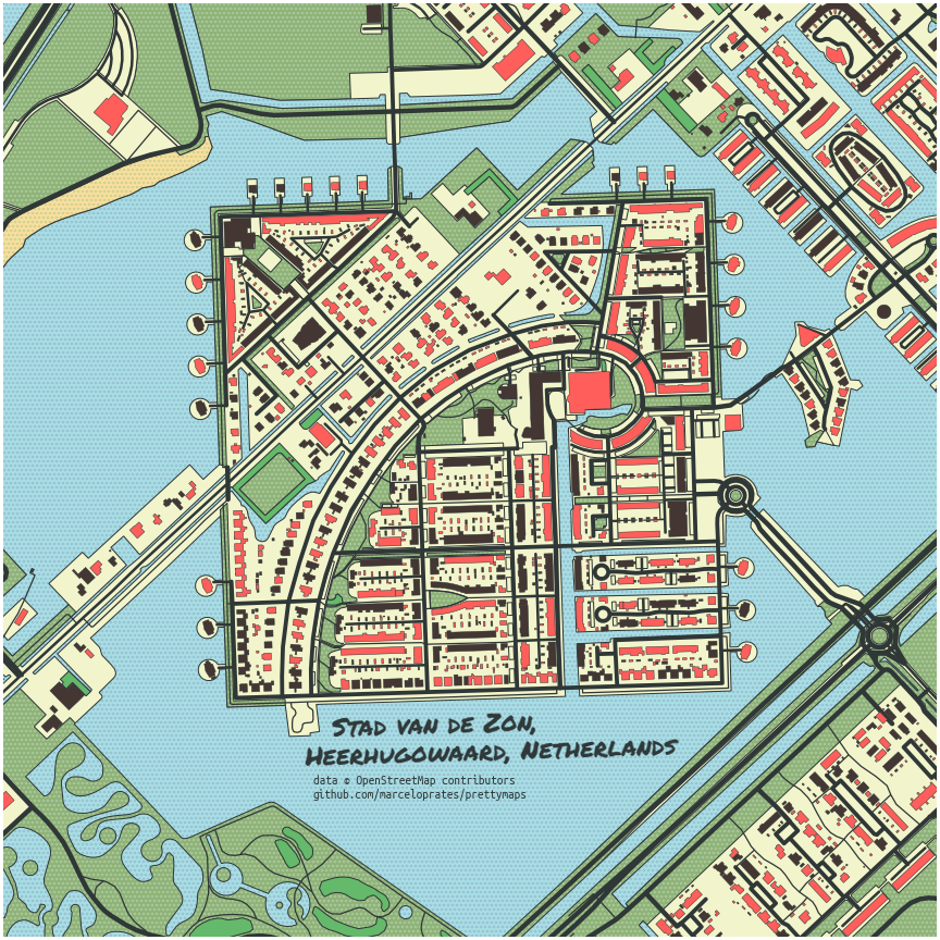 네덜란드 Heerhugowaard 지역을 대상으로 생성한 prettymaps 출력 예시