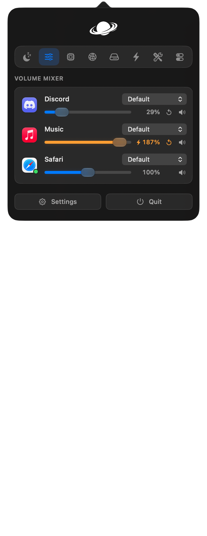 Volume mixer, system monitor, controls, and utility panel screens