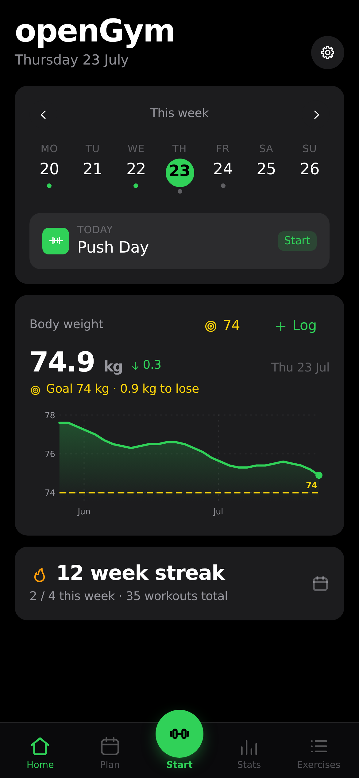Home screen showing today's workout and weight at a glance