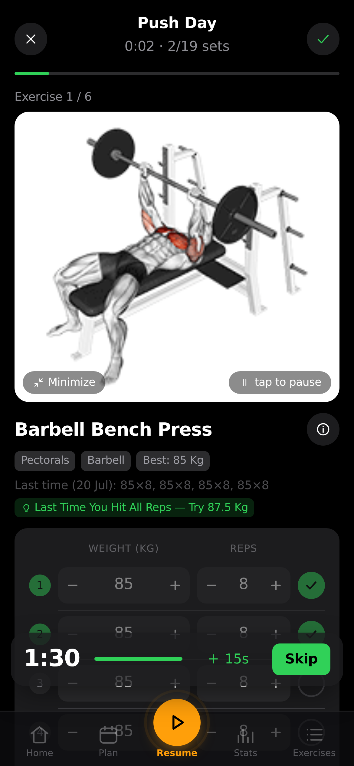Guided workout screen and statistics dashboard