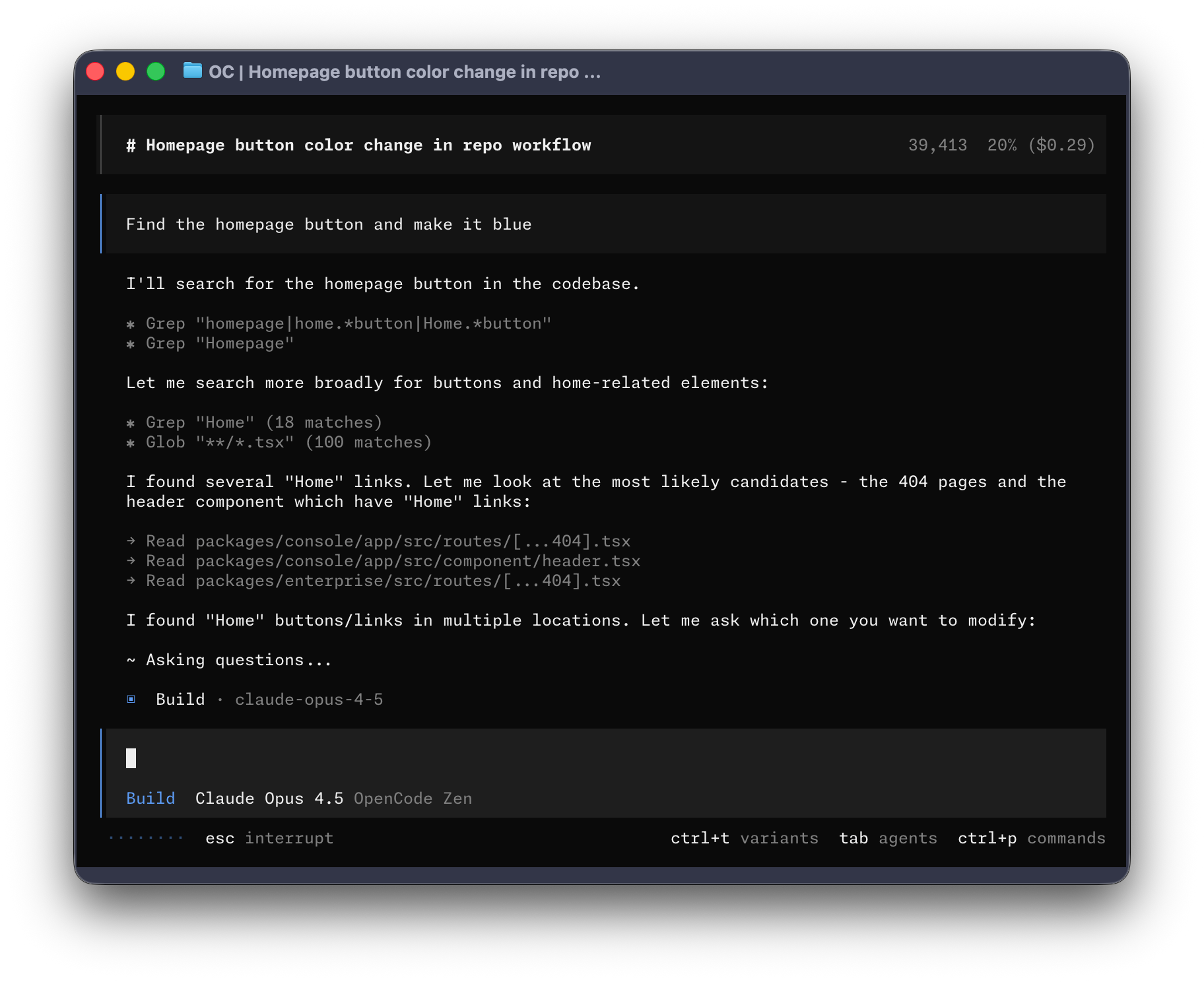 Screenshot of the OpenCode web interface