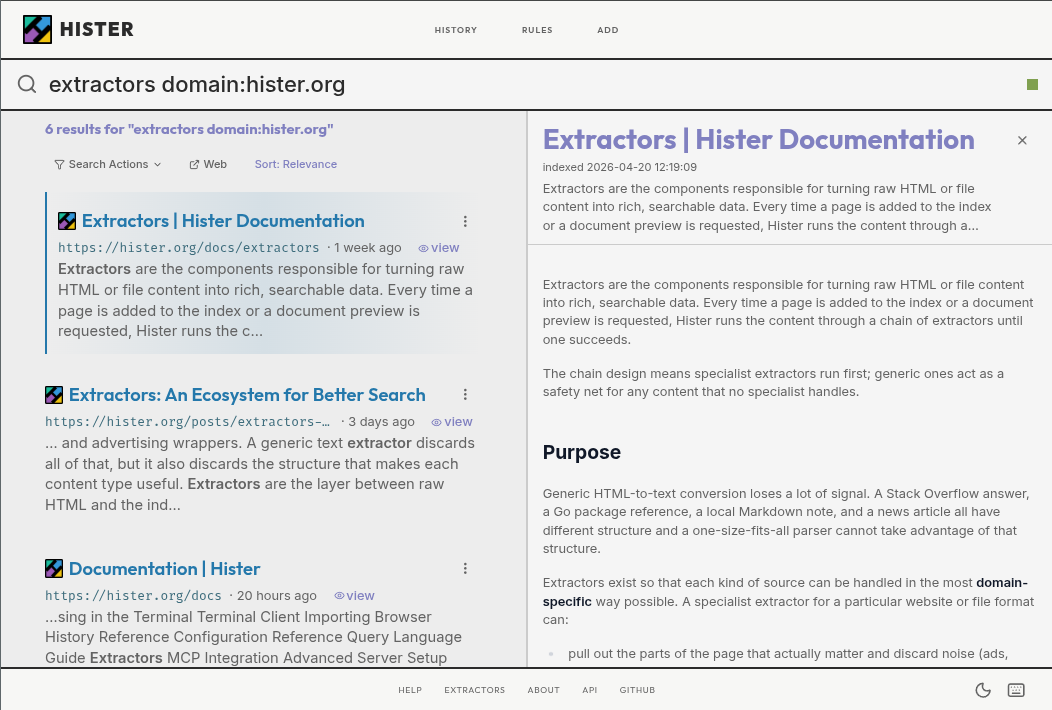 Hister 웹 인터페이스 화면
