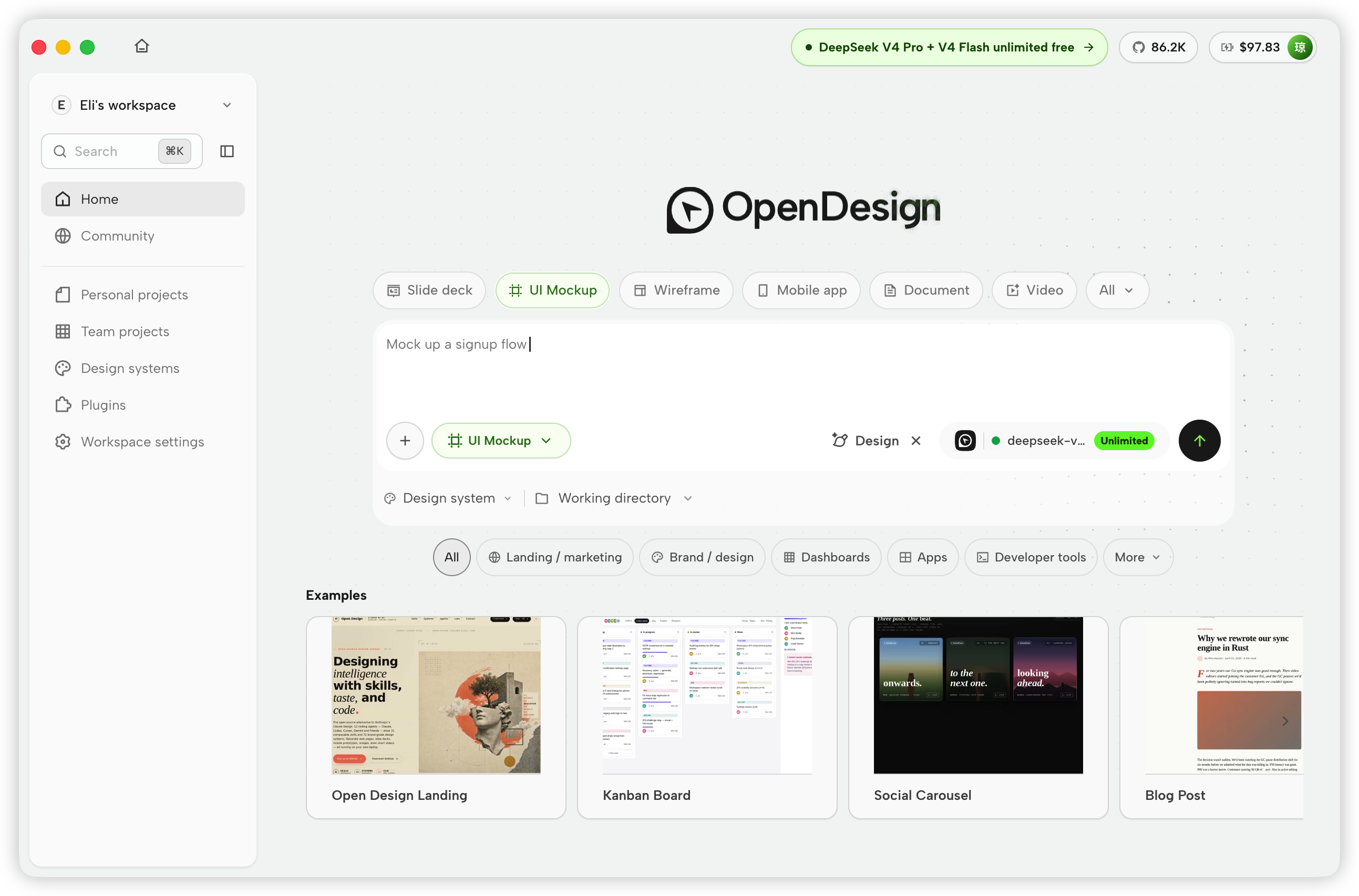 OpenDesign 홈 화면에서 아티팩트 유형과 디자인 시스템을 선택하는 모습