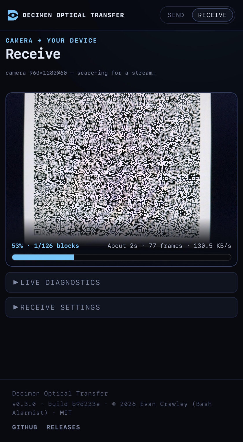 Receiving a file by recognizing the screen during transmission with a camera