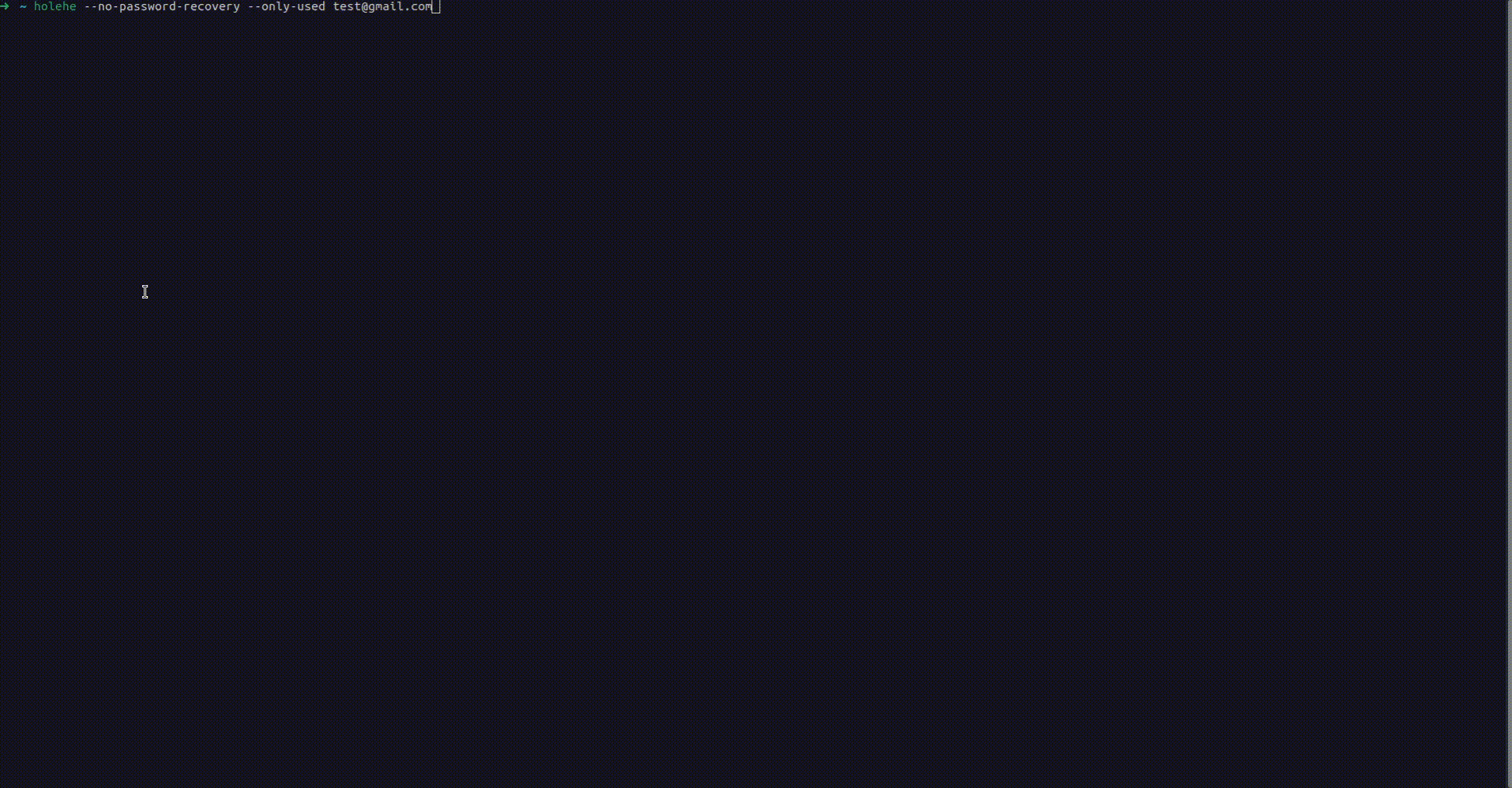 Demo screen showing account information registered to an email when running Holehe