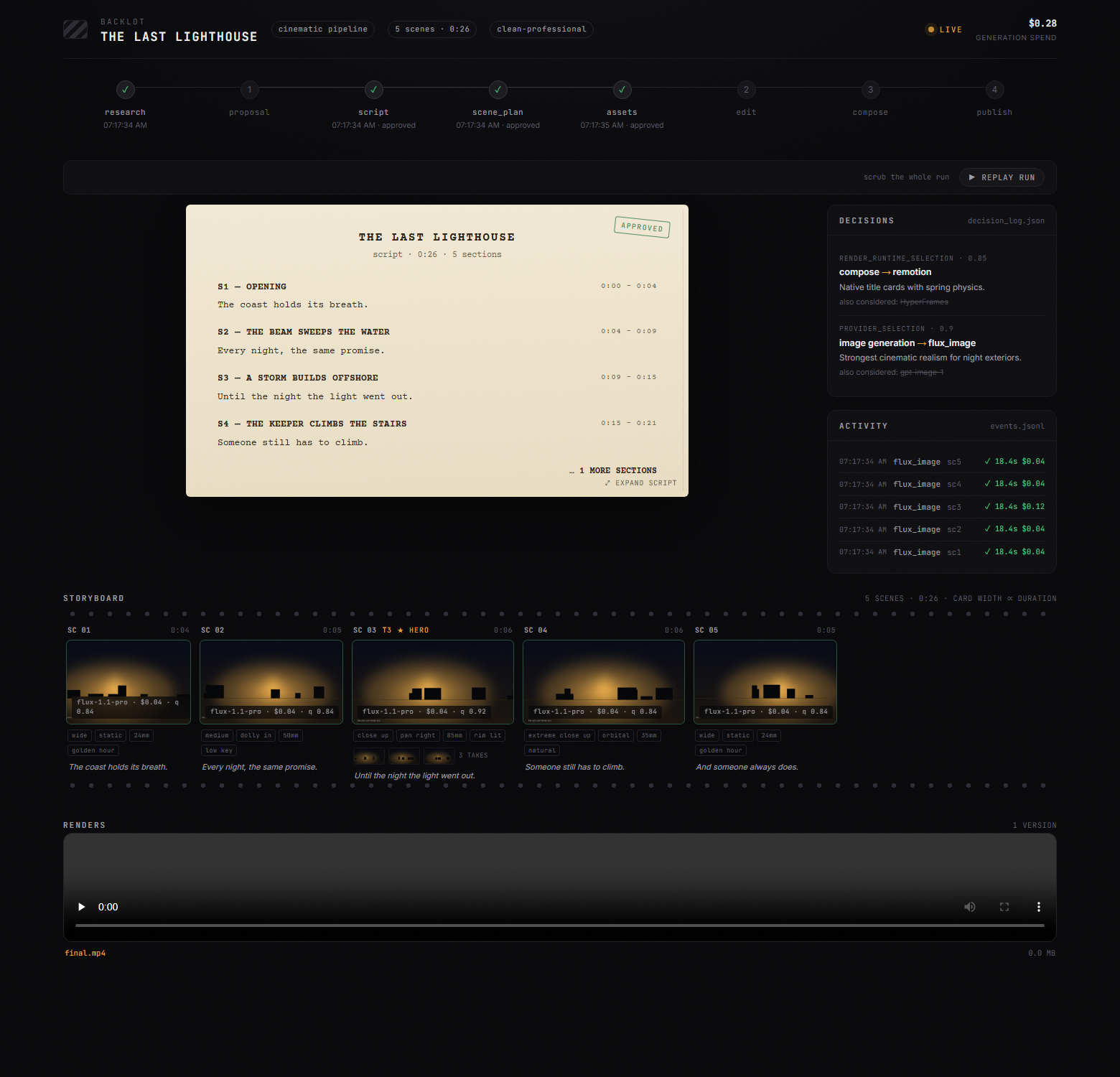 Storyboard, script gate, and library screens of the Backlot board